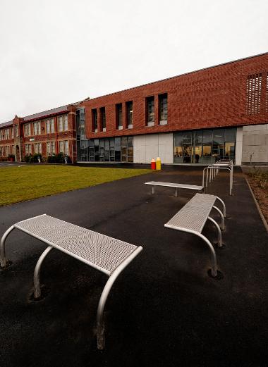 Heathfield primary rear view of school showing benches outside